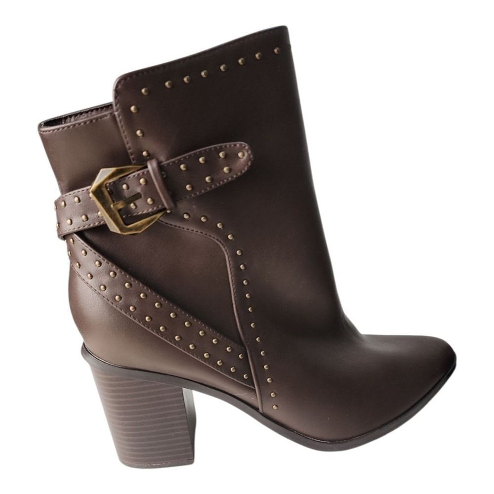 City Chic Orly Ankle Boot Women 10W Brown Studded Edgy Chic Wide Buckled Booties